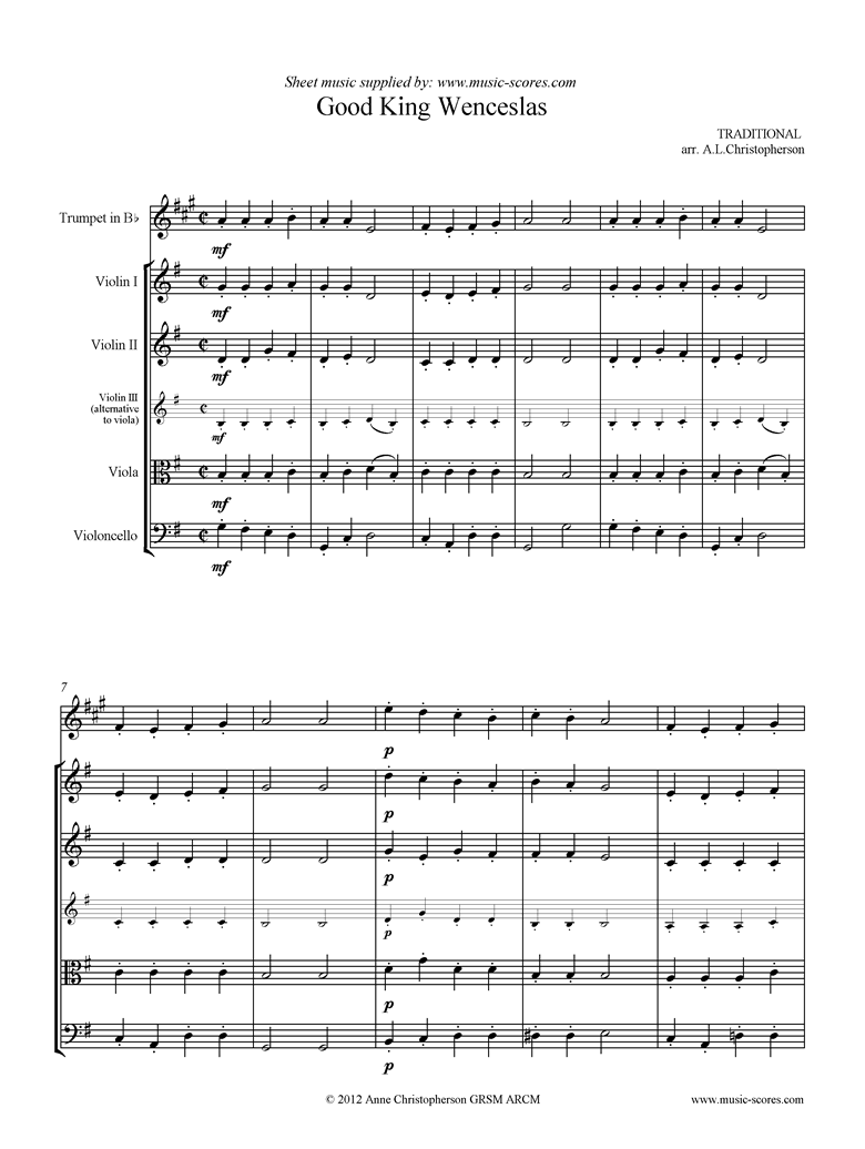Front page of Good King Wenceslas Looked Out: Strings, Trumpet sheet music