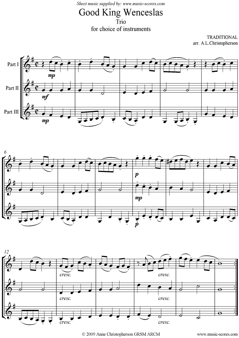 Front page of Good King Wenceslas: Any 3 instruments sheet music