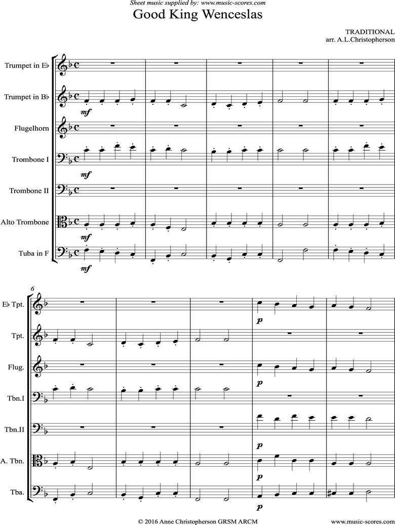 Front page of Good King Wenceslas: Brass septet sheet music