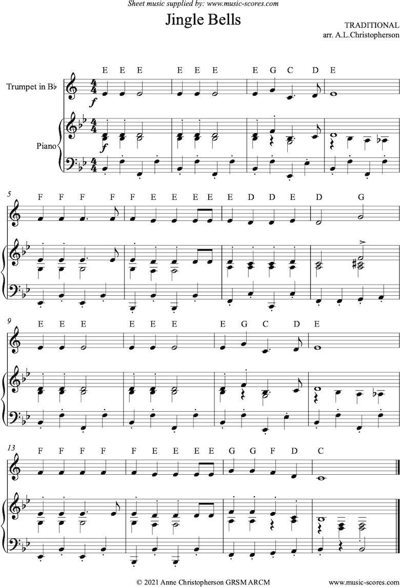 Christmas. Jingle Bells Easy Trumpet classical sheet music