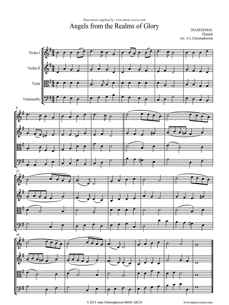 Front page of Angels from the Realms of Glory:String Quartet sheet music