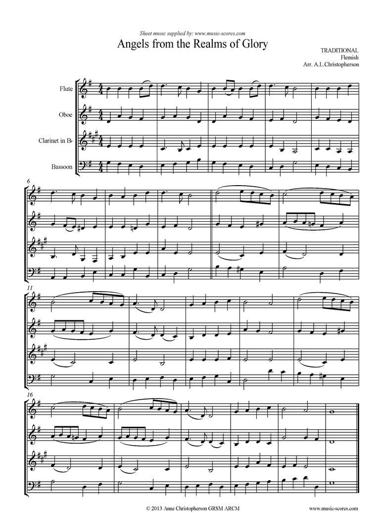 Front page of Angels from the Realms of Glory:Wind Quartet sheet music