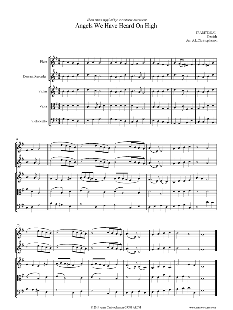 Front page of Angels We Have Heard on High. Flute, Recorder, Strings. sheet music