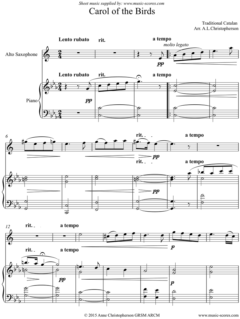 Front page of Carol of the Birds: Alto Sax and Piano sheet music