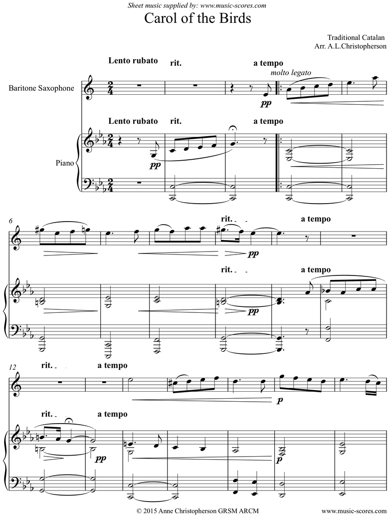 Front page of Carol of the Birds: Bari Sax and Piano sheet music