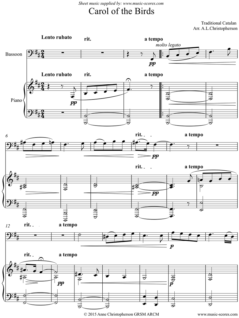Front page of Carol of the Birds: Bassoon and Piano sheet music