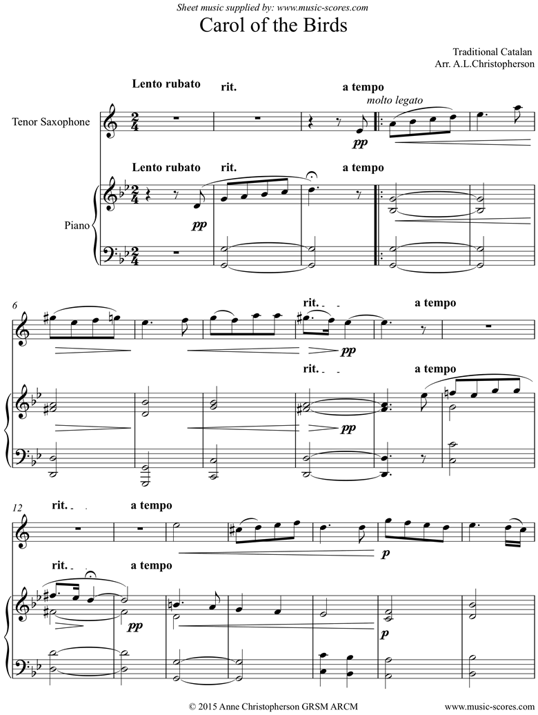 Front page of Carol of the Birds: Tenor Sax and Piano sheet music