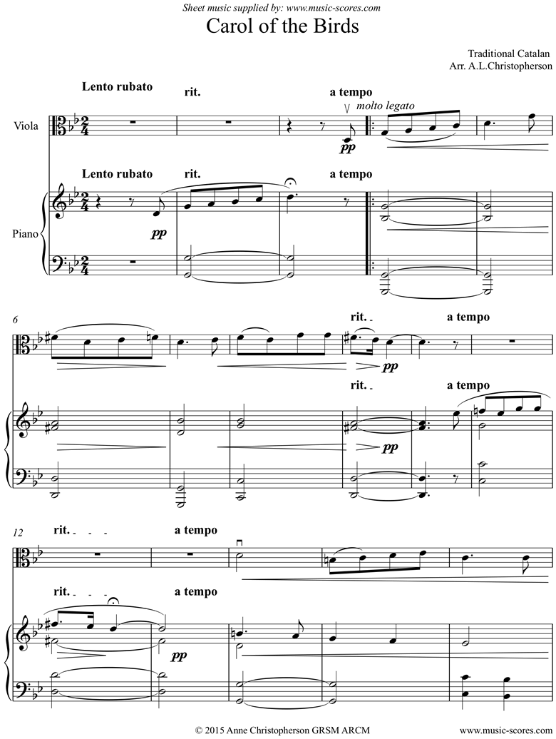 Front page of Carol of the Birds: Viola and Piano sheet music