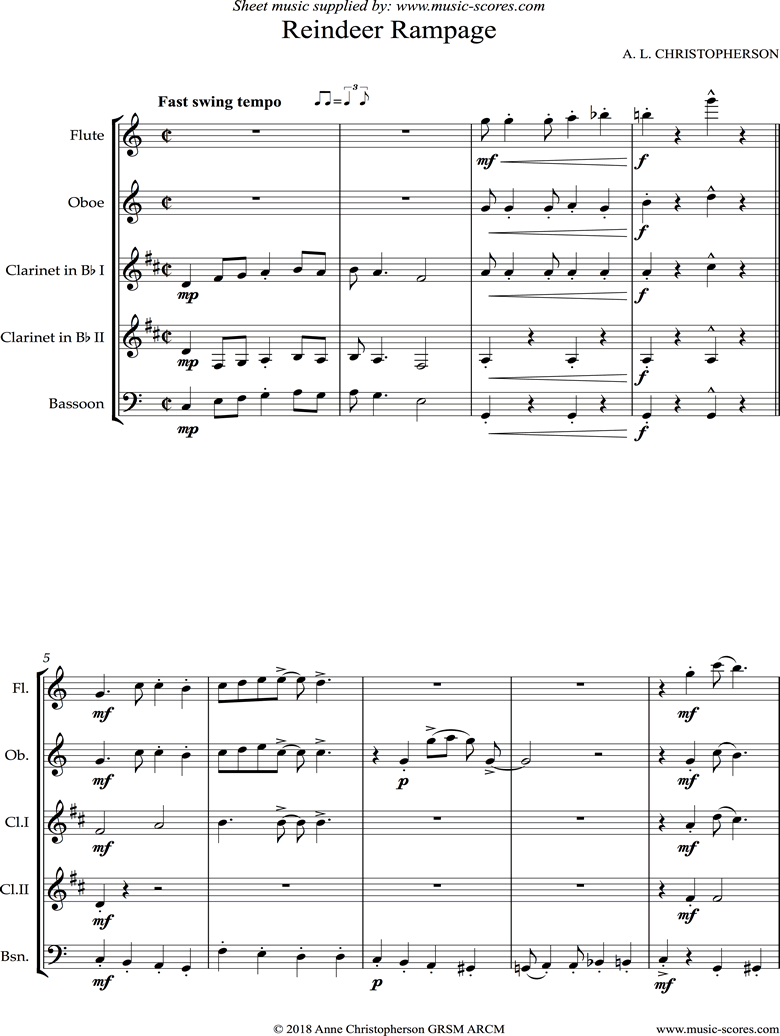 Front page of Reindeer Rampage: Flute, Oboe, 2 Clarinets and Bassoon sheet music