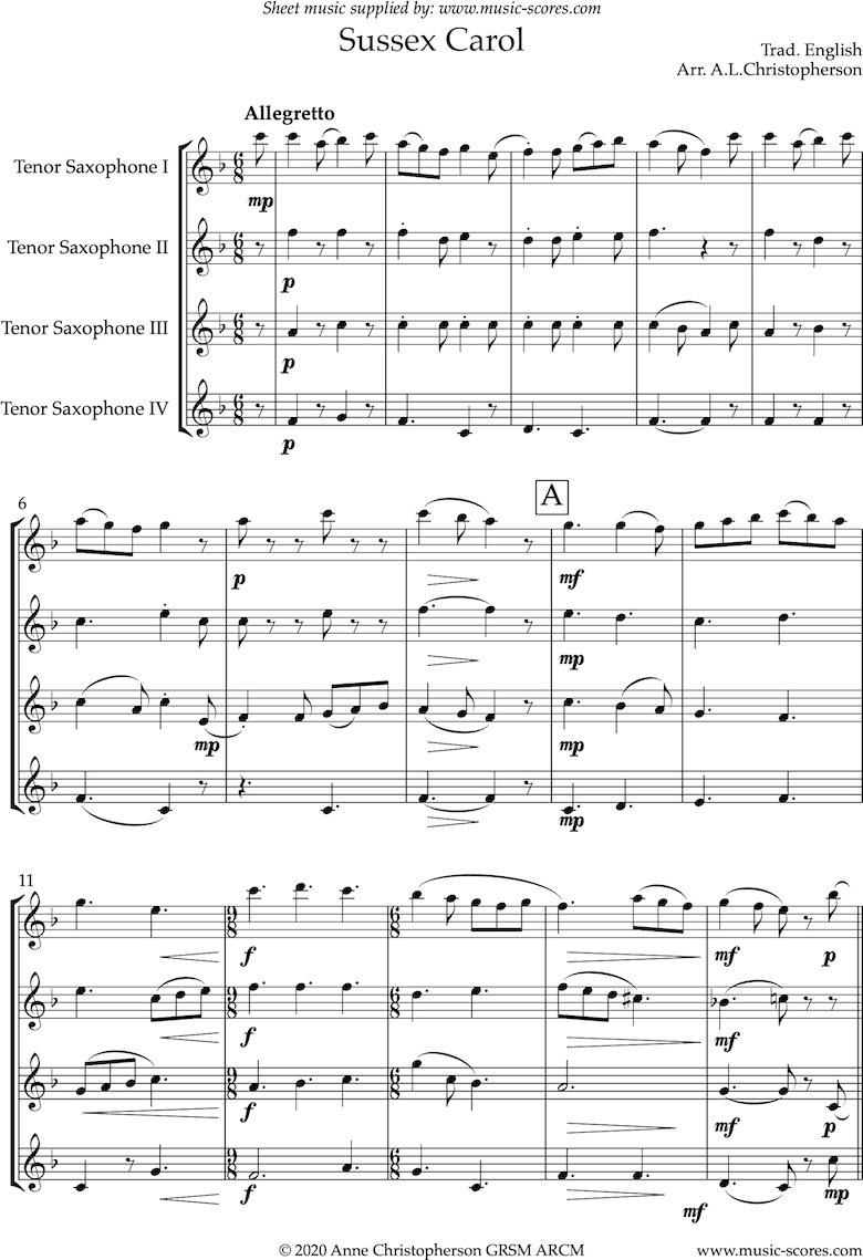 Front page of The Sussex Carol: 4 Tenor Saxes sheet music