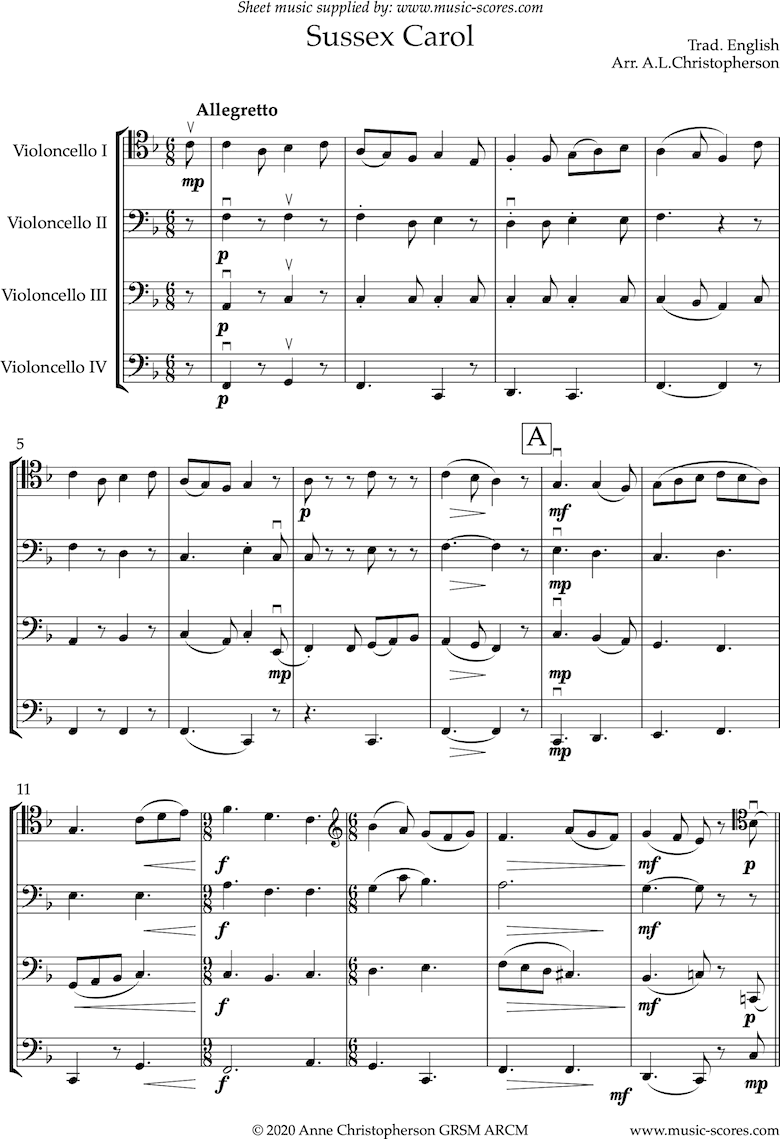 Front page of The Sussex Carol: 4 Cellos sheet music