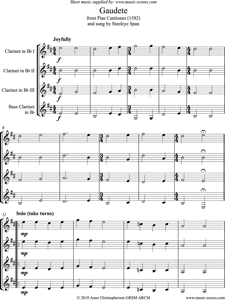 Front page of Gaudete: Clarinet Quartet sheet music