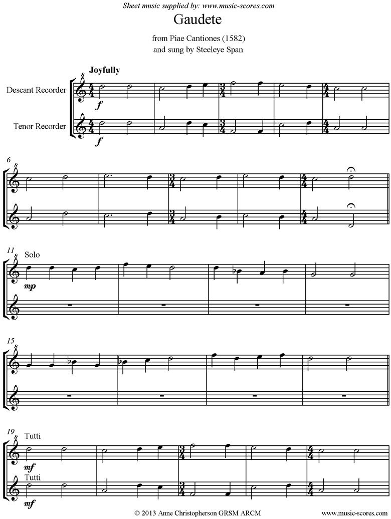 Front page of Gaudete: Descant, Tenor Recorder sheet music