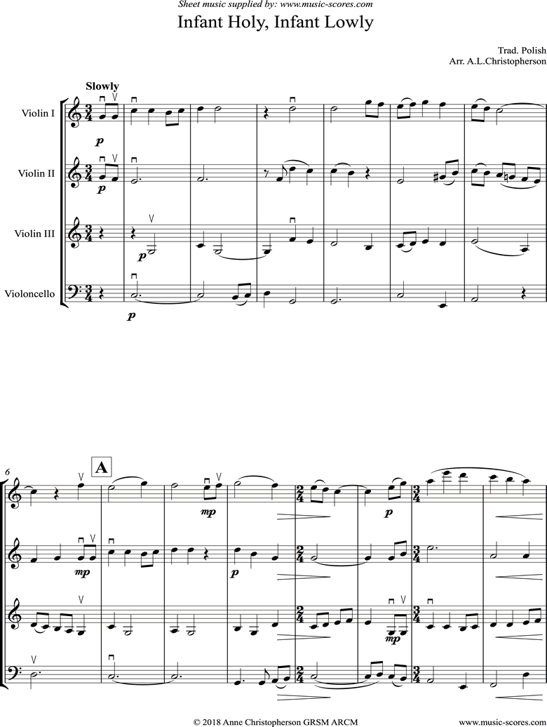 Front page of Infant Holy, Infant Lowly: 3 Violins, Cello sheet music