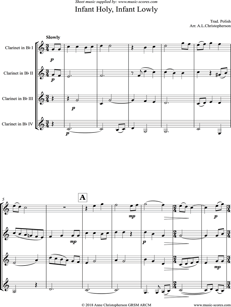 Front page of Infant Holy, Infant Lowly: Clarinet Quartet sheet music