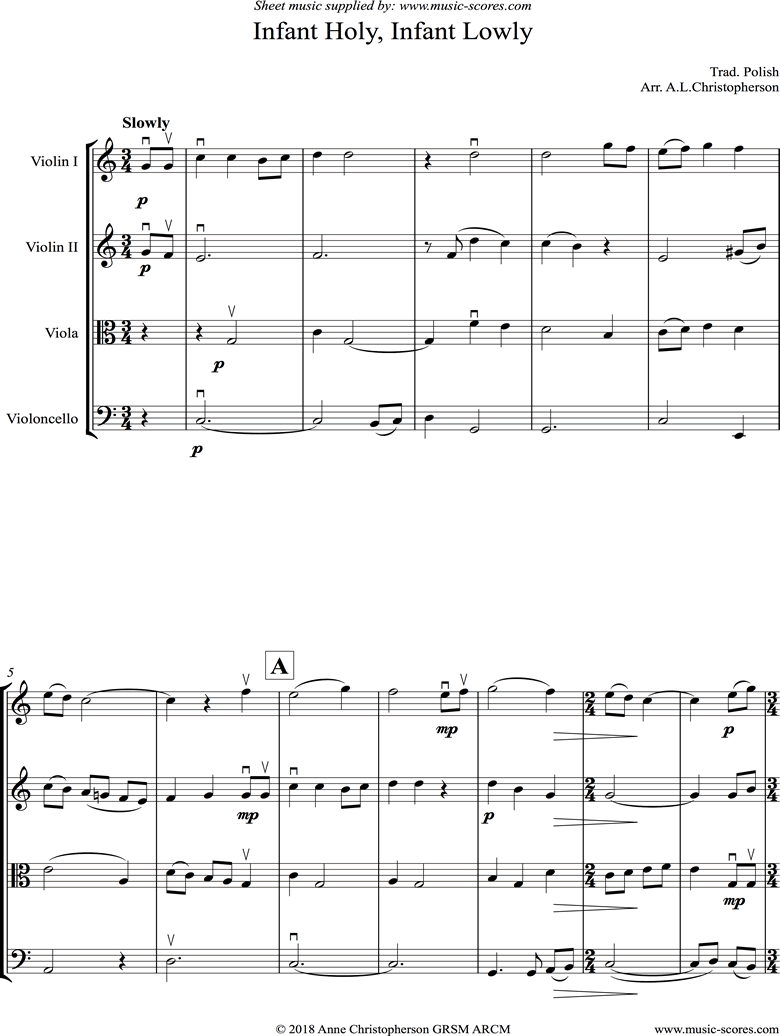 Front page of Infant Holy, Infant Lowly: String Quartet sheet music