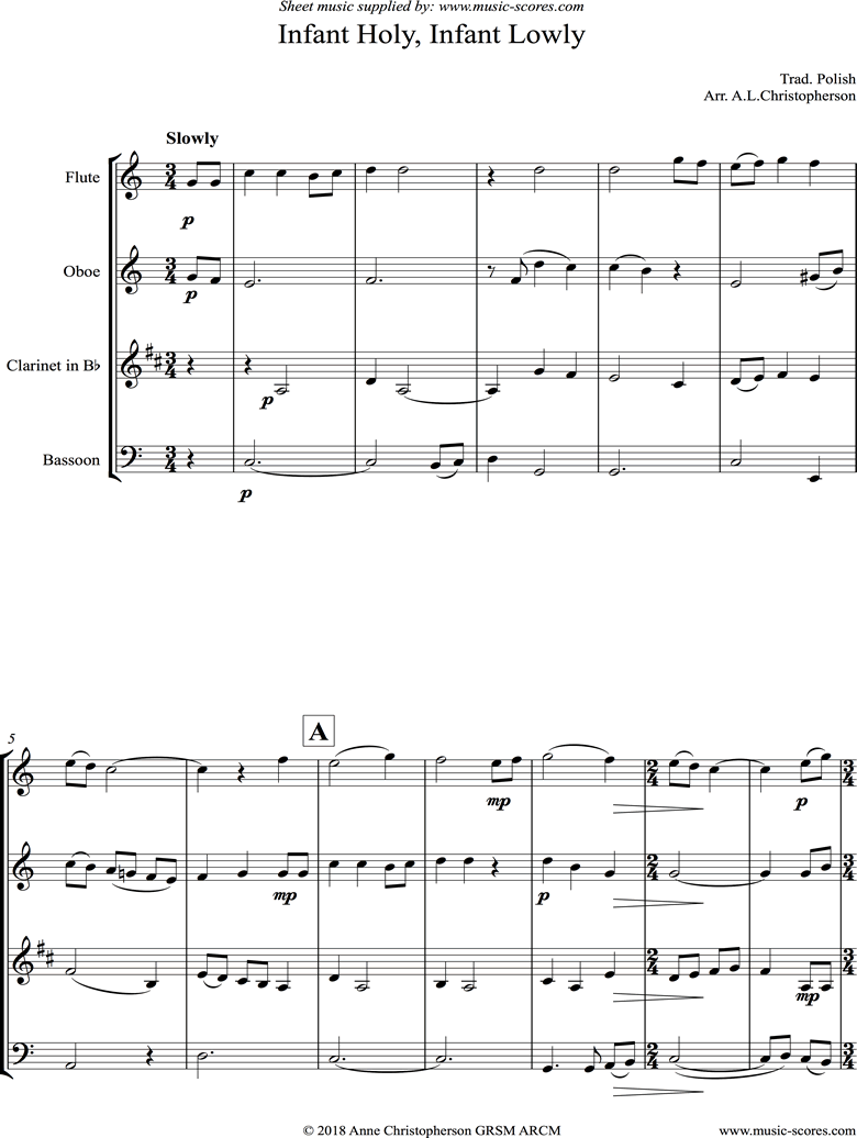 Front page of Infant Holy, Infant Lowly: Wind Quartet sheet music