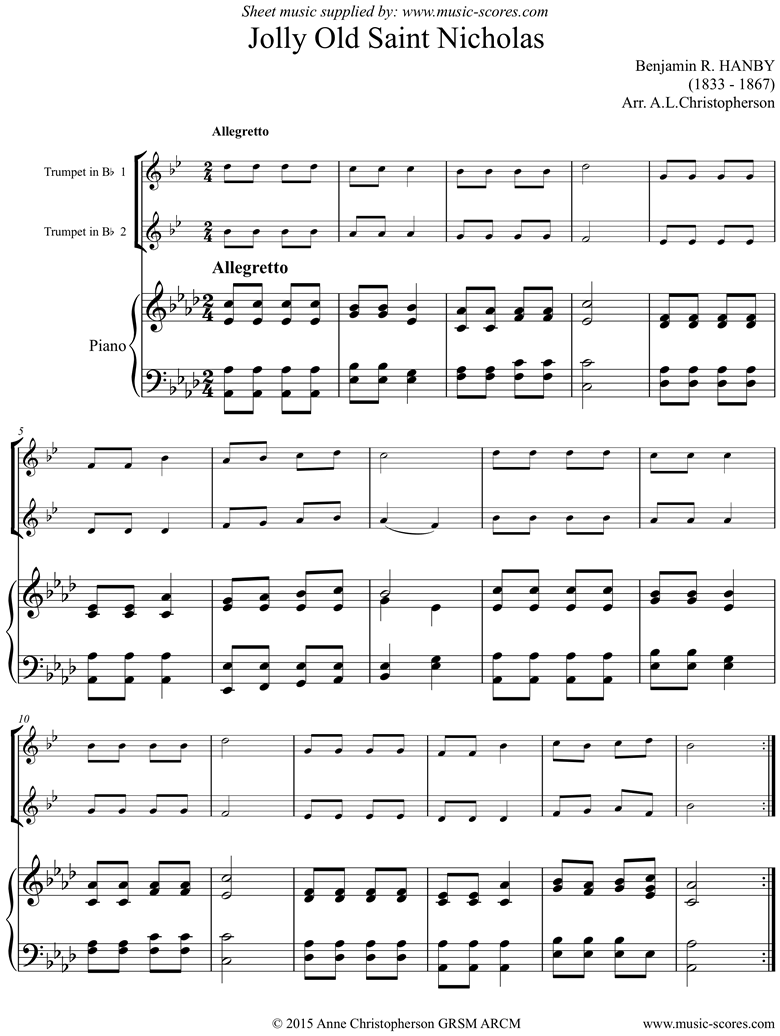 Front page of Jolly Old Saint Nicholas: 2 Trumpets, Piano sheet music