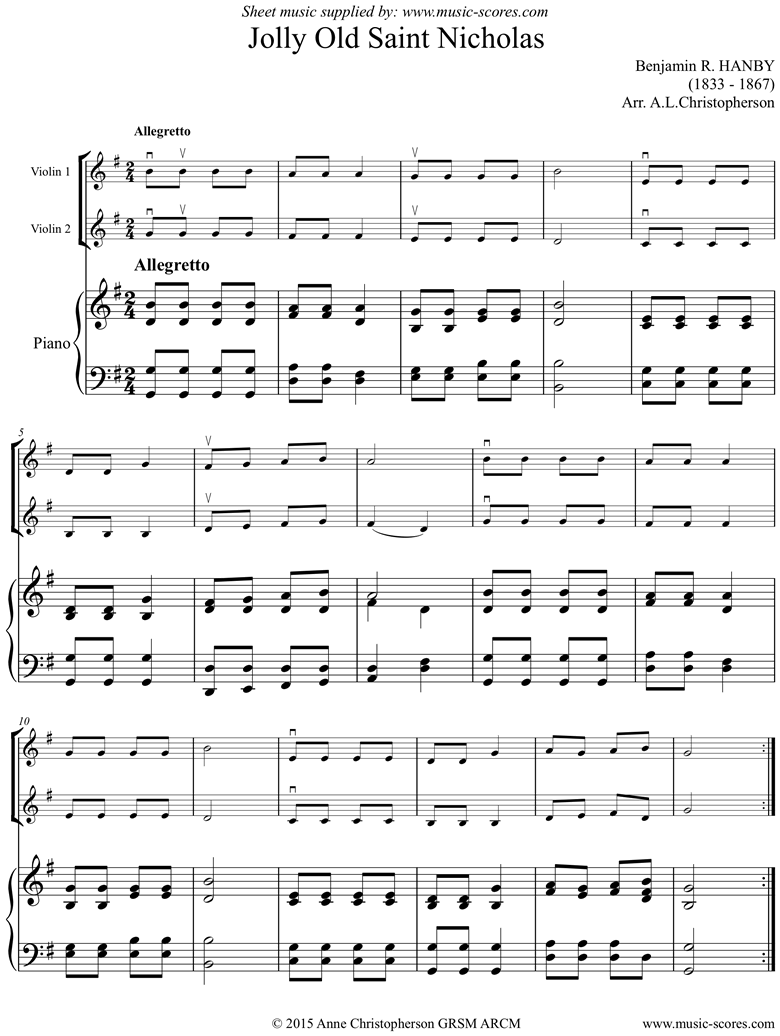 Front page of Jolly Old Saint Nicholas: 2 Violins, Piano sheet music