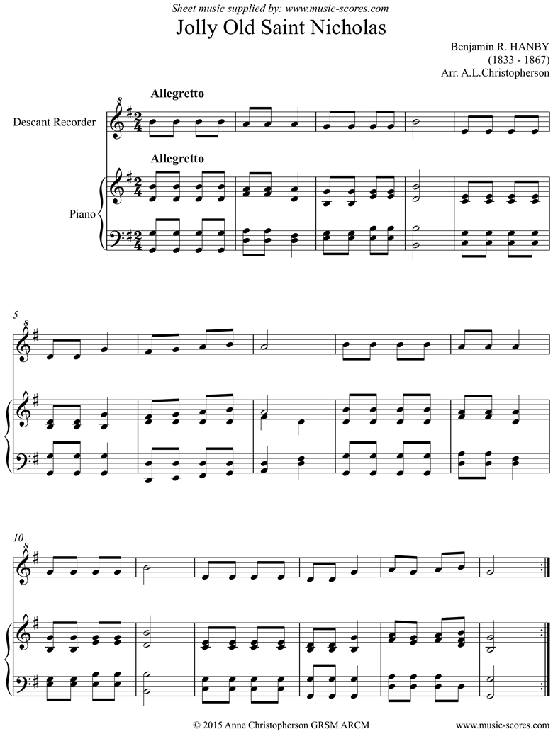 Front page of Jolly Old Saint Nicholas: Recorder sheet music