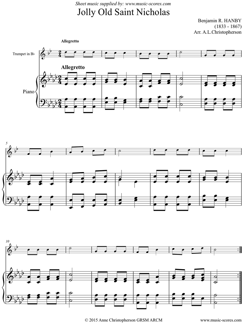 Front page of Jolly Old Saint Nicholas: Trumpet sheet music