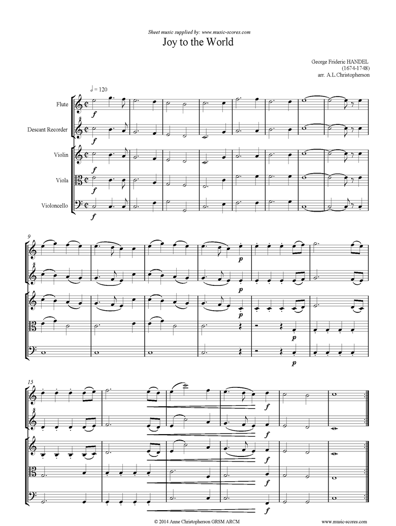 Front page of Joy to The World. Flute, Recorder, Strings. sheet music