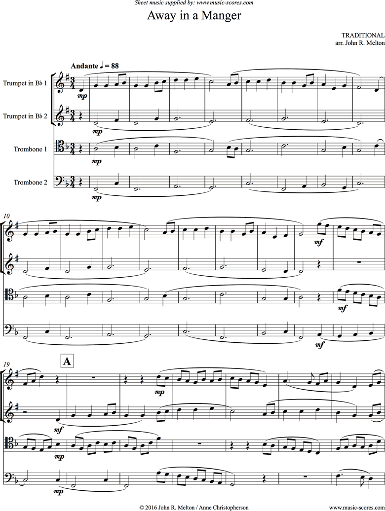 Front page of Away in a Manger: Brass Quartet sheet music