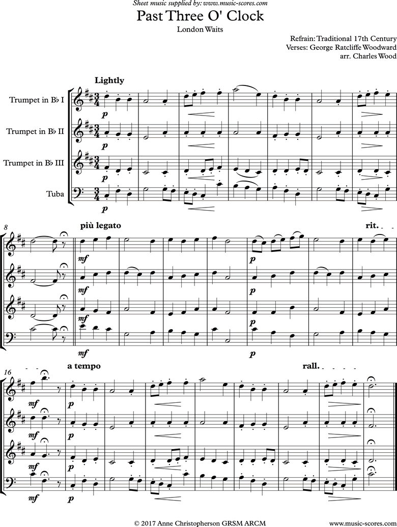Front page of Past 3 oclock: 3 Trumpets, Tuba. sheet music