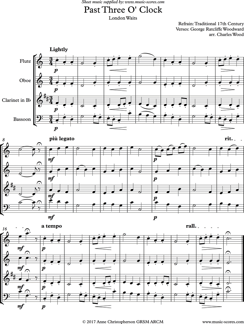 Front page of Past 3 oclock: Flute, Oboe, Clarinet and Bassoon sheet music
