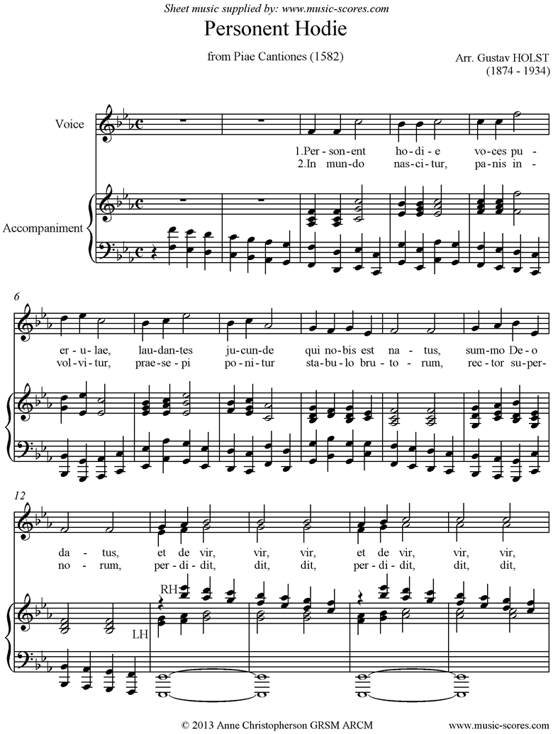 Front page of Personent Hodie sheet music