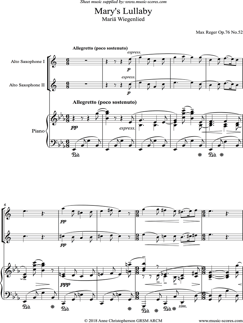 Front page of Marys Lullaby: 2 Alto Saxes, Piano. sheet music