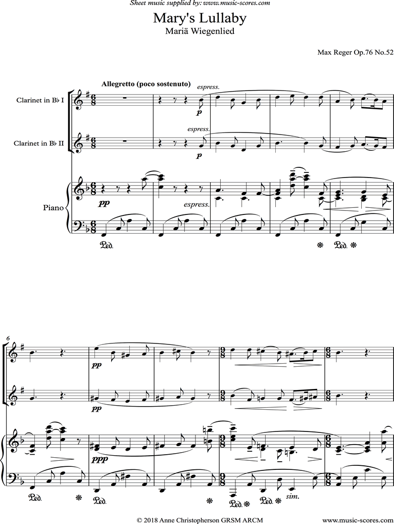 Front page of Marys Lullaby: 2 Clarinets, Piano. sheet music
