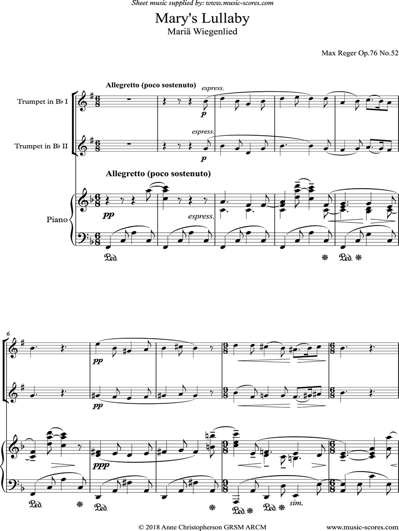 Front page of Marys Lullaby: 2 Trumpets, Piano. sheet music