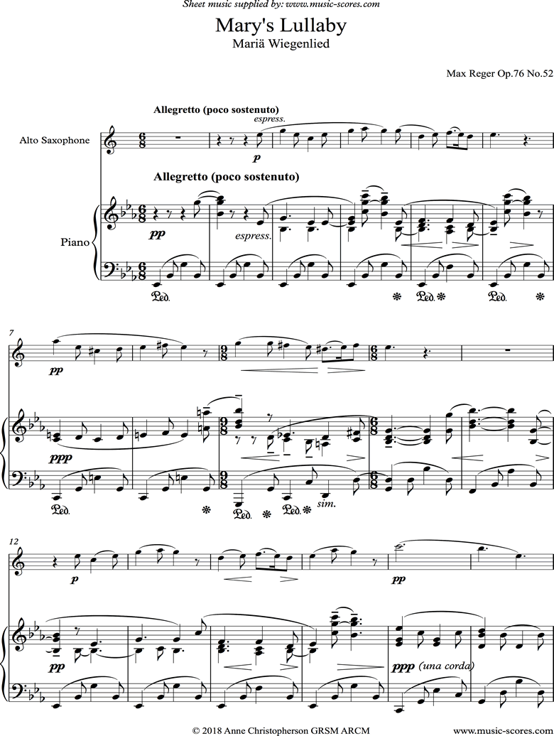 Front page of Marys Lullaby: Alto Sax, Piano. sheet music
