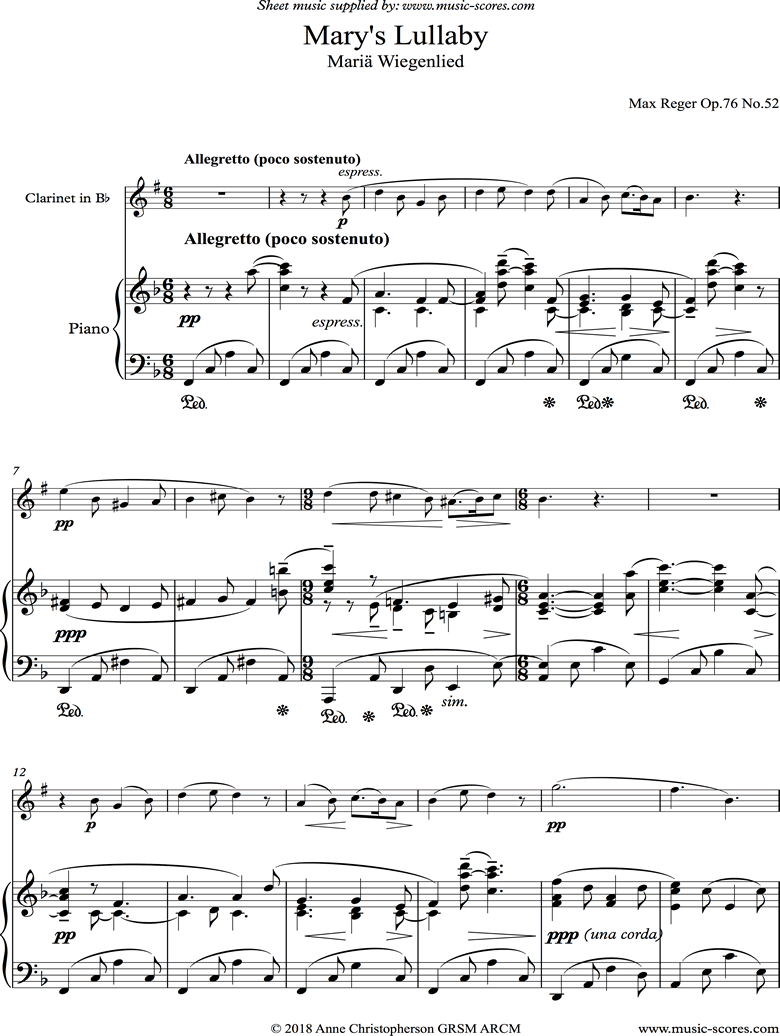 Front page of Marys Lullaby: Clarinet, Piano. sheet music