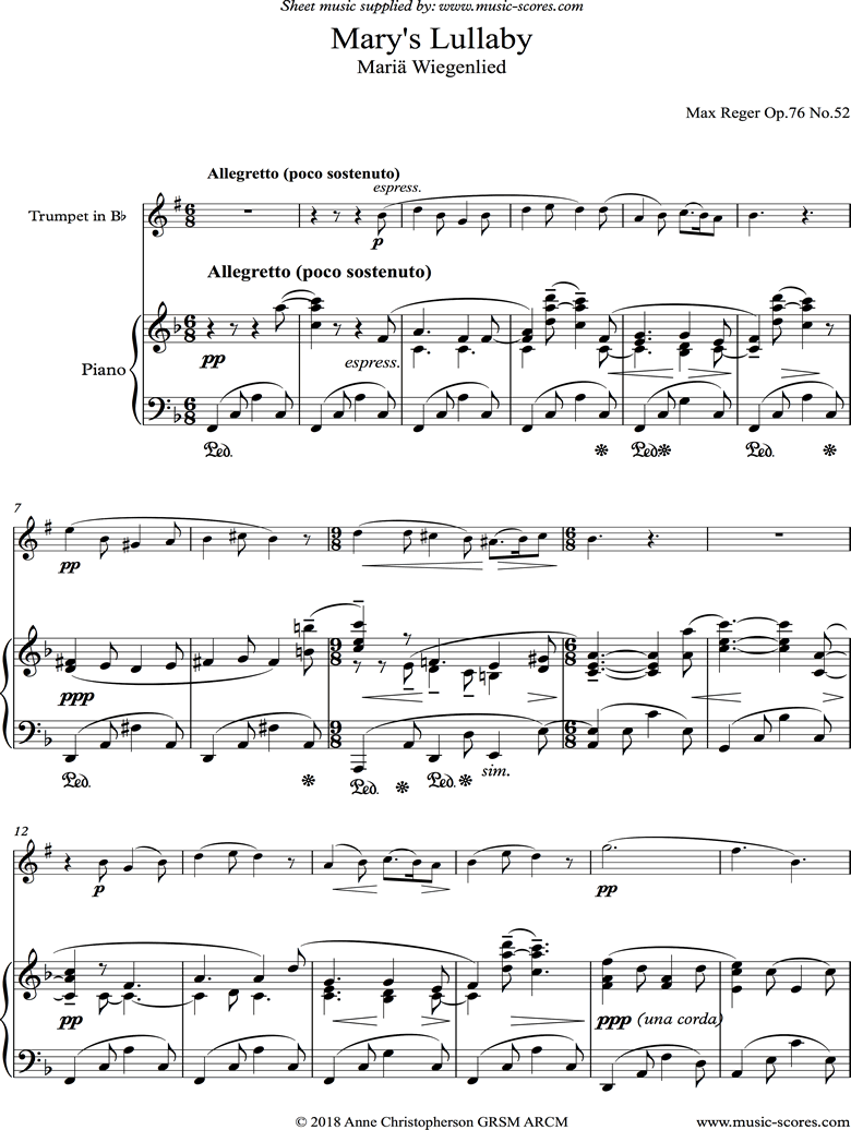 Front page of Marys Lullaby: Trumpet, Piano. sheet music