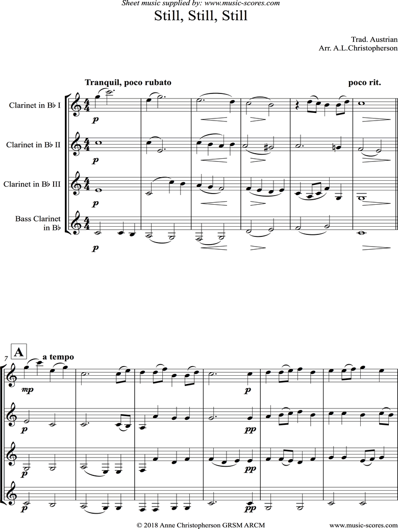 Front page of Still, Still, Still: Clarinet Quartet sheet music