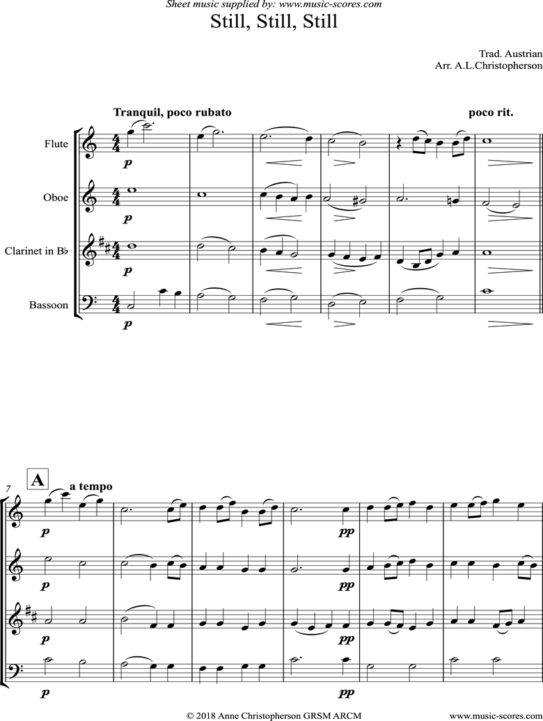 Front page of Still, Still, Still: Wind Quartet sheet music