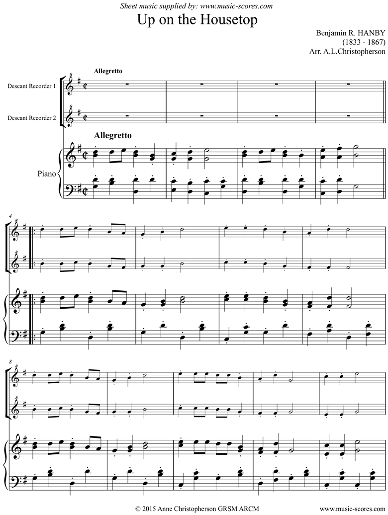 Hanby. Up On the Housetop 2 Recorders classical sheet music