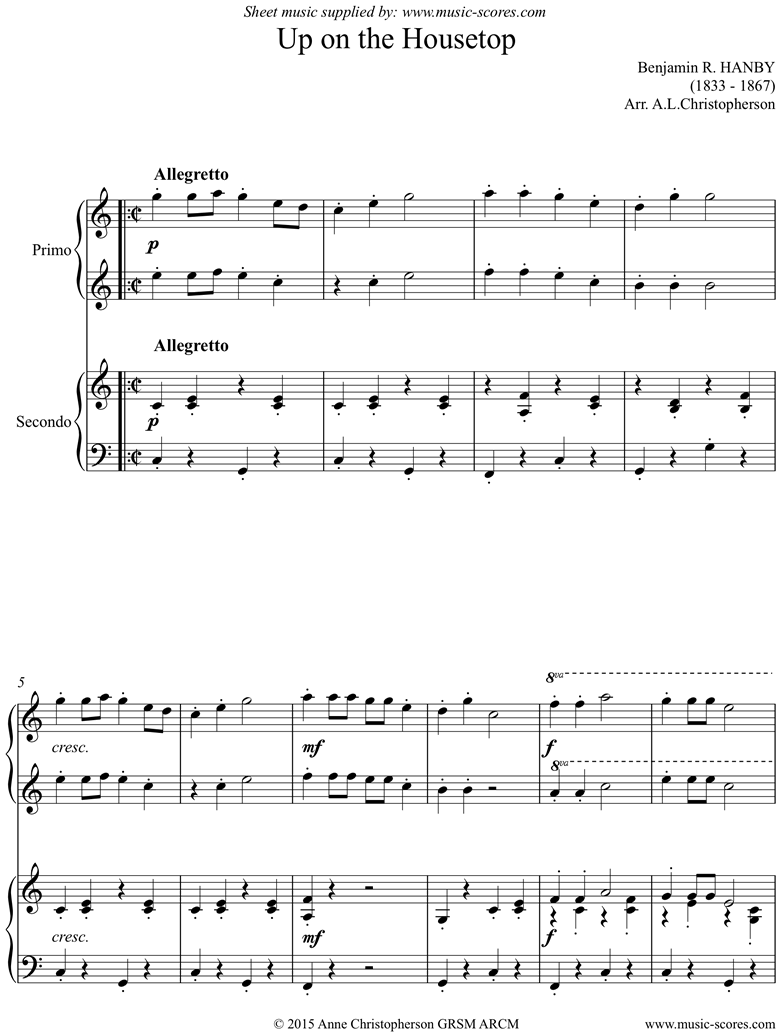 Hanby. Up On the Housetop Piano Duet, ending 2 classical sheet music