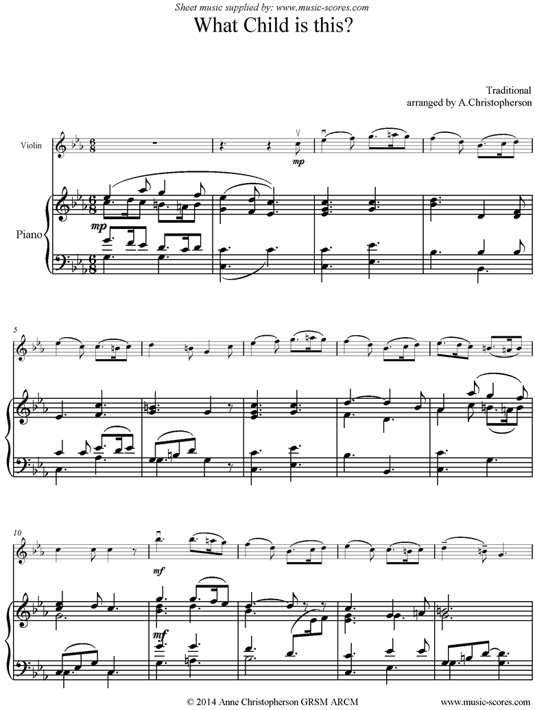 Front page of What Child is This: Violin sheet music