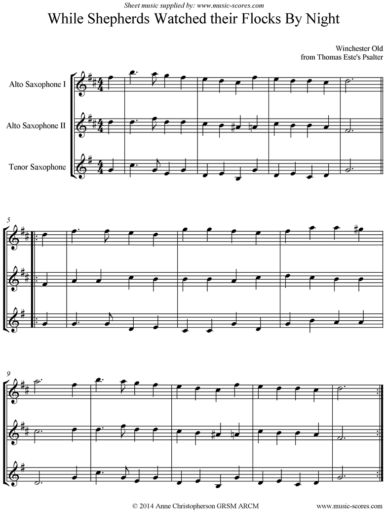 Front page of While Shepherds Watched their Flocks by Night: 2 Alto Saxes, 1 Tenor Sax sheet music