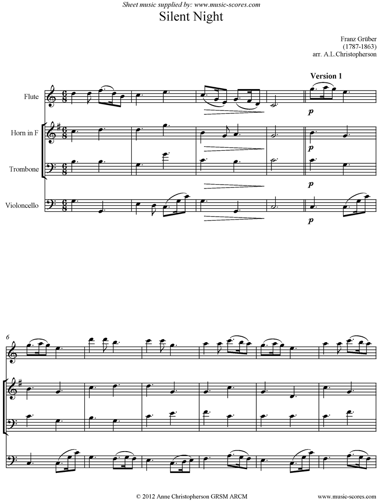 Front page of Silent Night: Flute, Horn, Trombone, Cello. sheet music