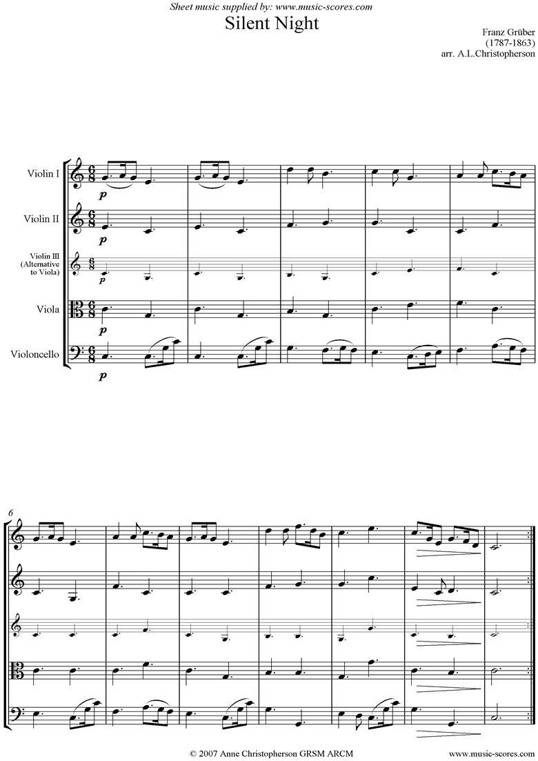 Front page of Silent Night: String Quartet sheet music