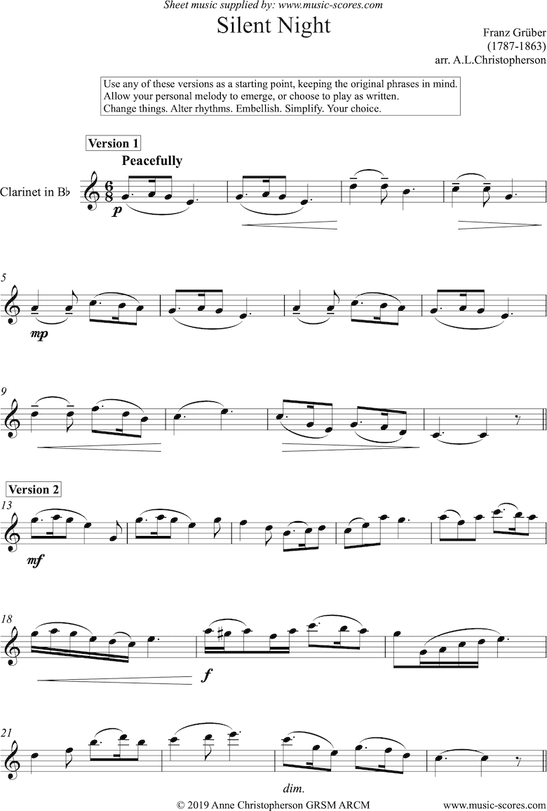 Front page of Silent Night, Holy Night: Solo Clarinet sheet music