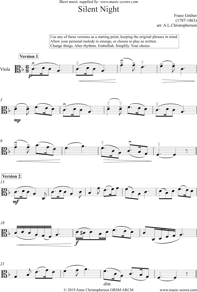 Front page of Silent Night, Holy Night: Solo Viola sheet music