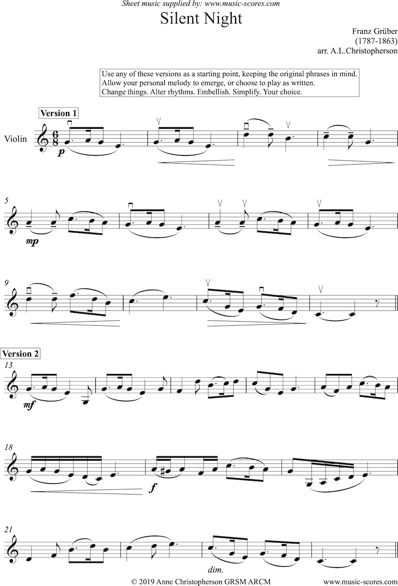 Front page of Silent Night, Holy Night: Solo Violin sheet music