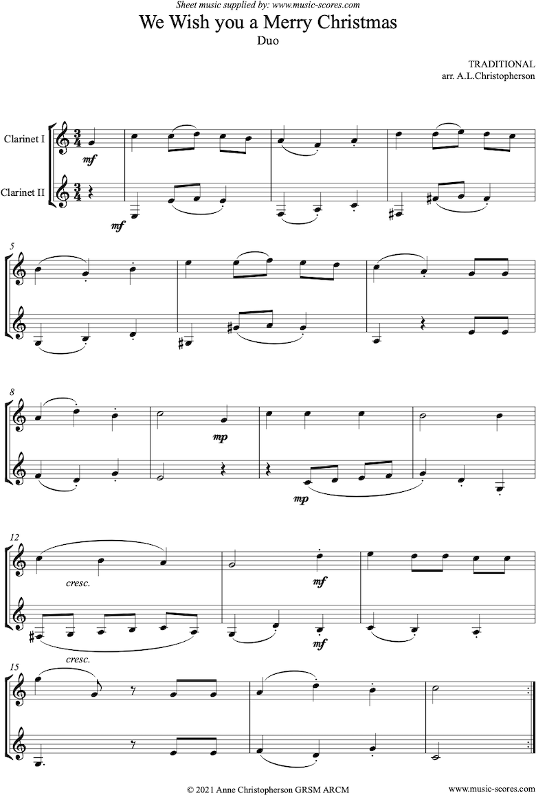 Front page of We Wish You a Merry Christmas: 2 Clarinets sheet music