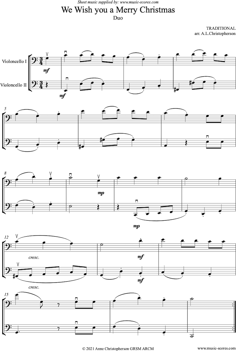 Christmas. We Wish You a Merry Christmas 2 Cellos classical sheet music