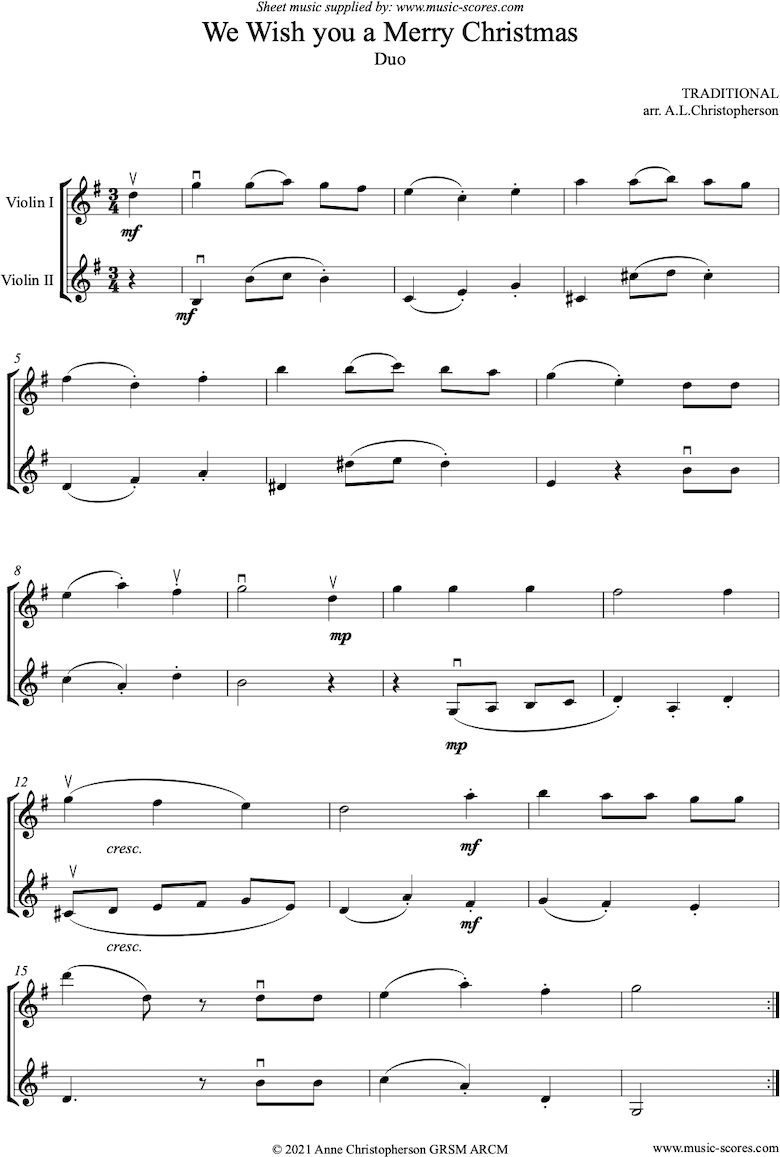 Front page of We Wish You a Merry Christmas: 2 Violins sheet music